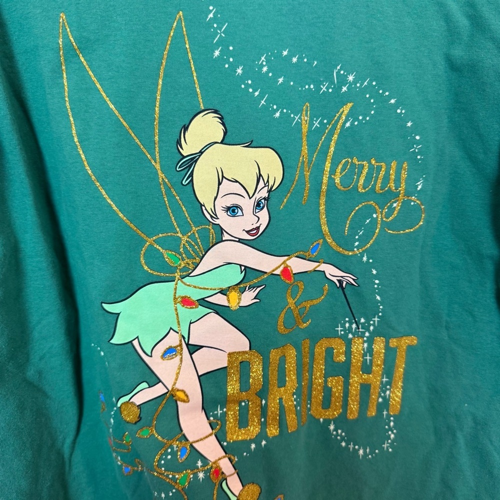 Disney Store Tinker Bell "Merry & Bright" Green Christmas Graphic Tee - Medium - Picture 4 of 7